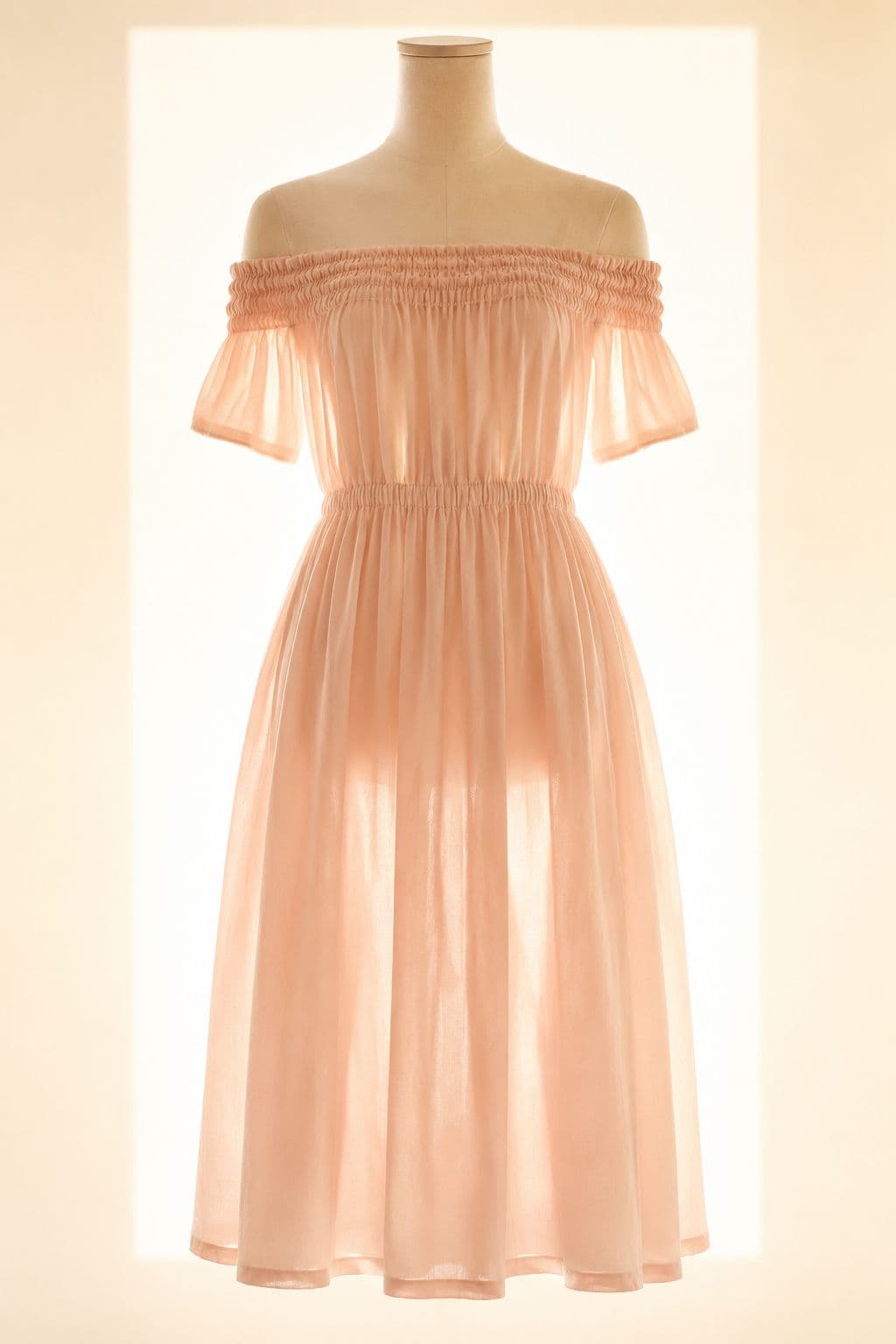 Off-Shoulder Midi, lit from directly behind so the translucency of the cloth is visible.