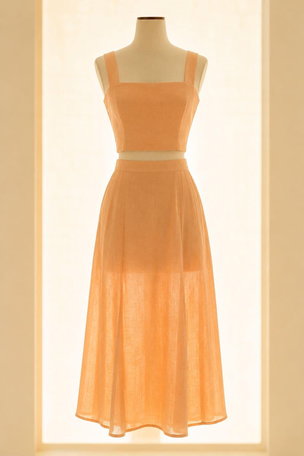 Two-Piece Set Midi, lit from directly behind so the translucency of the cloth is visible.