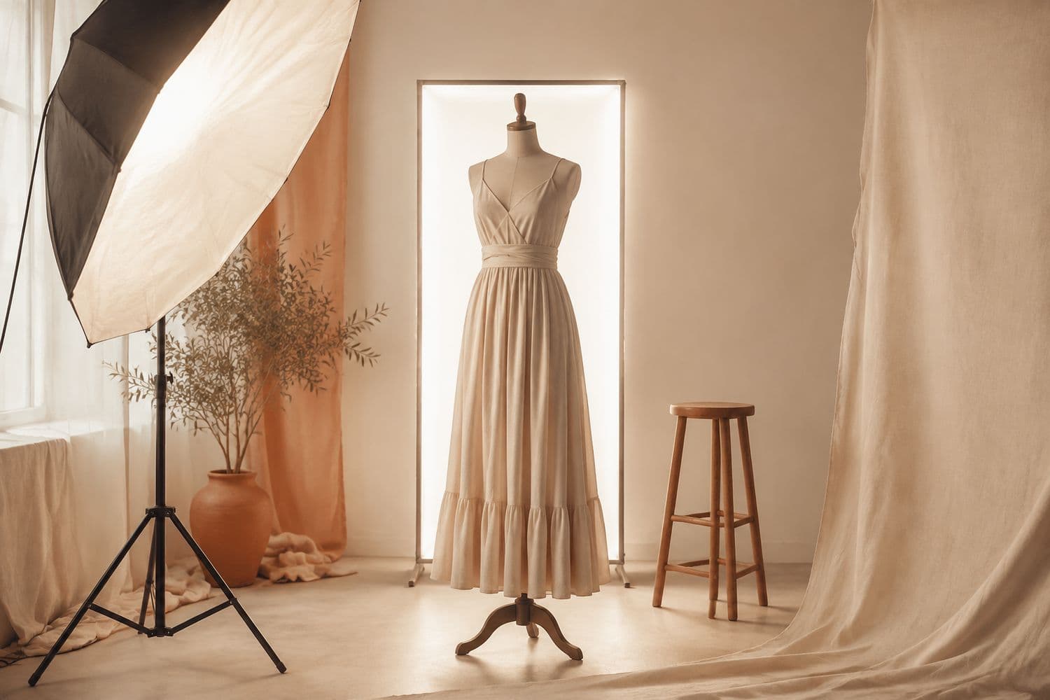 The corner of our studio: a dress form, a softbox, and a backlight panel.