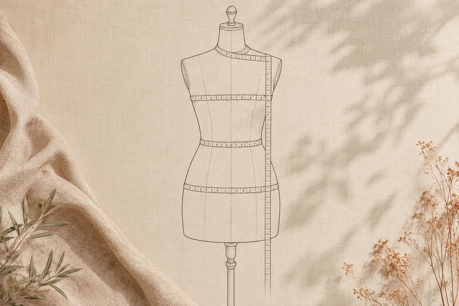 A dress form with measuring tapes drawn at the bust, waist, hip, shoulder and full length.