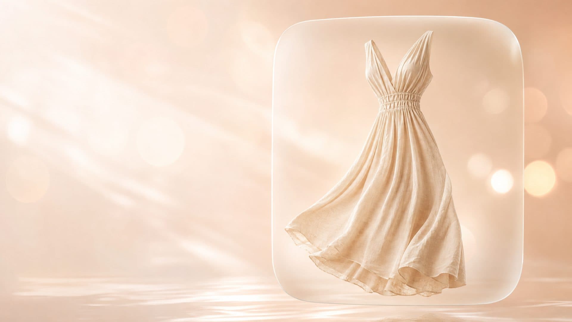 A linen maxi dress suspended inside a softly lit glass panel, photographed in ordinary afternoon light.