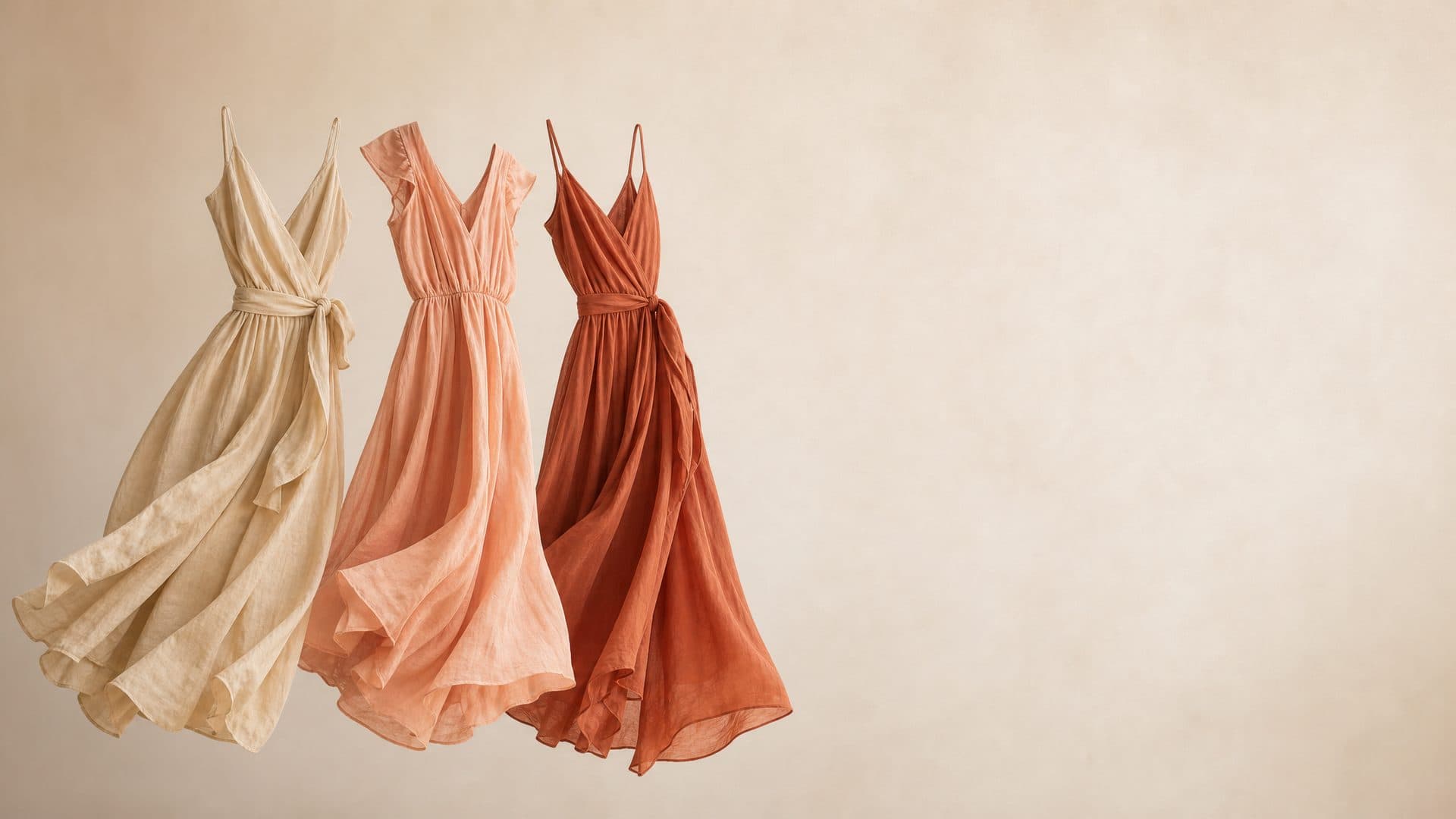 Three warm-season dresses in bisque, peach and terracotta arranged side by side.