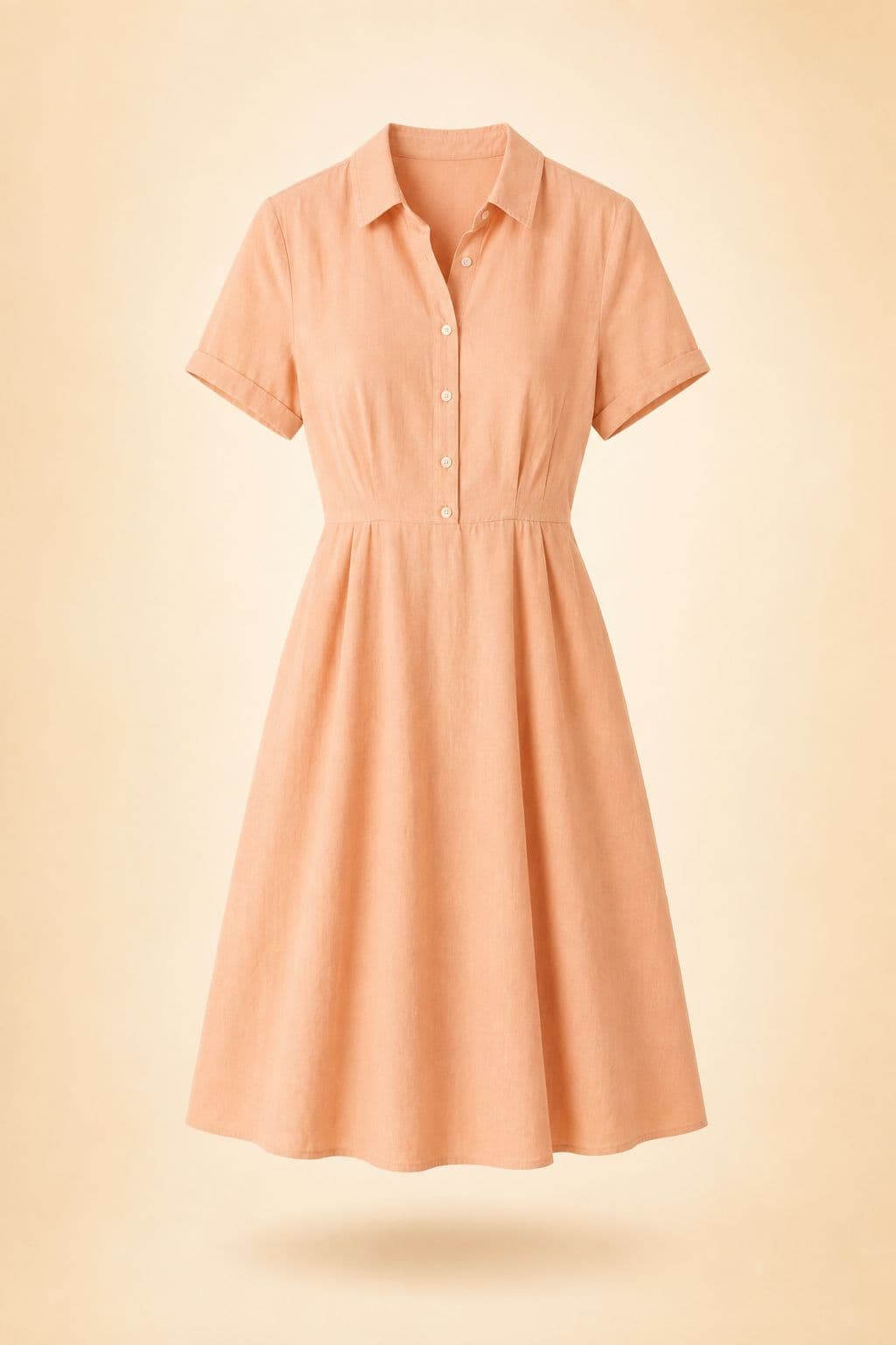 A-Line Tea Dress — A small-collared tea dress in peach cotton, lined through the bodice, hem below the knee.