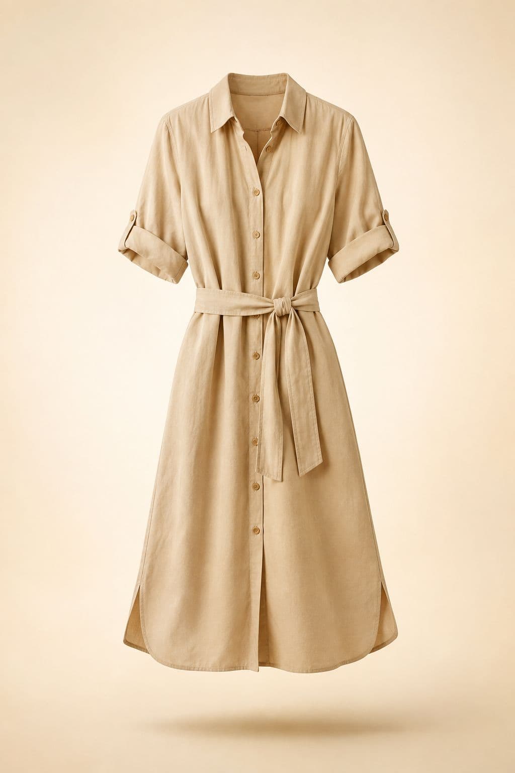Belted Shirt Dress — A full-placket shirt dress in pale sand cotton, with a self belt and a button-anchored waist.