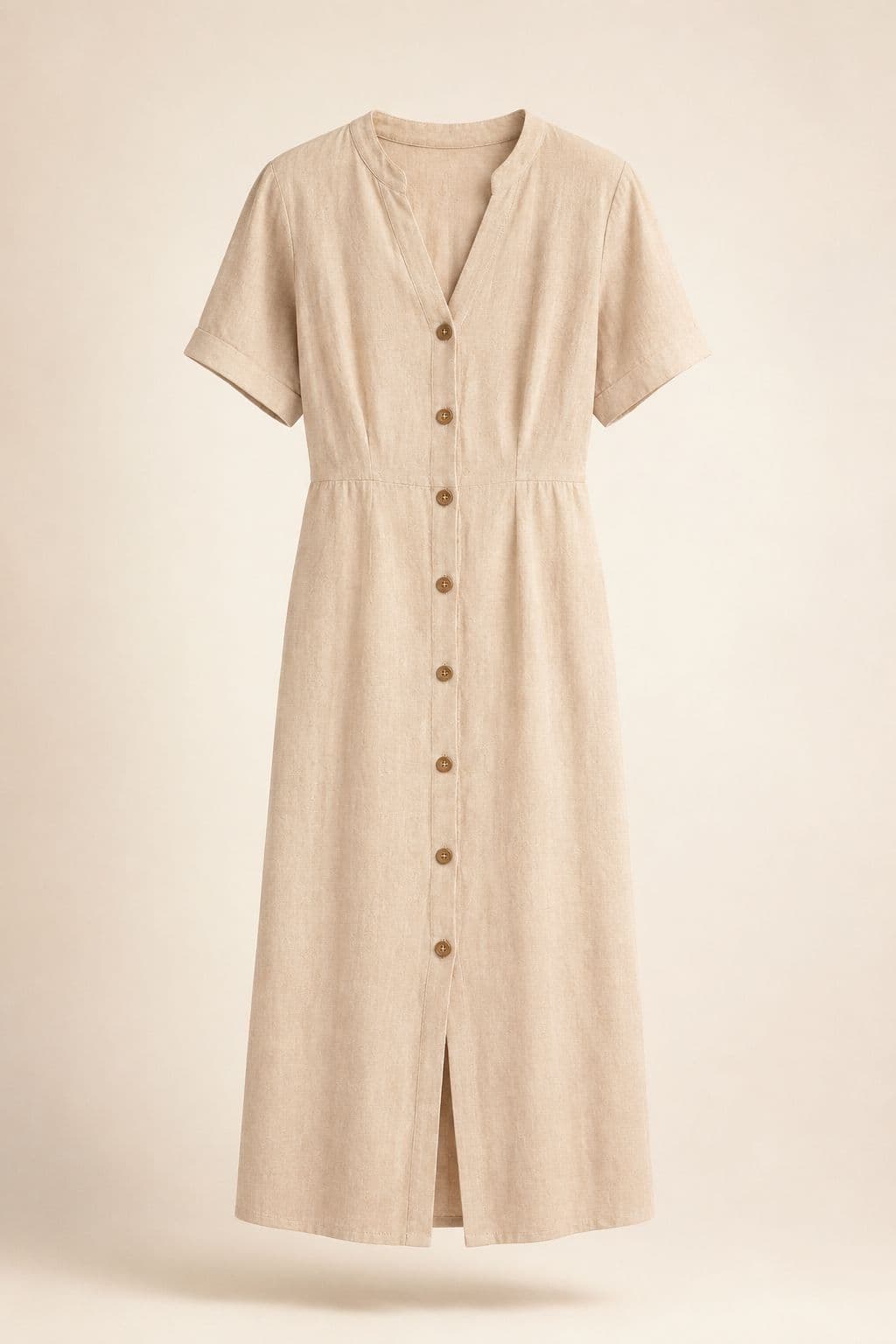 Button-Front Midi — Buttons the full length, with the lowest fastening set 38 cm from the hem so the slit is fixed.