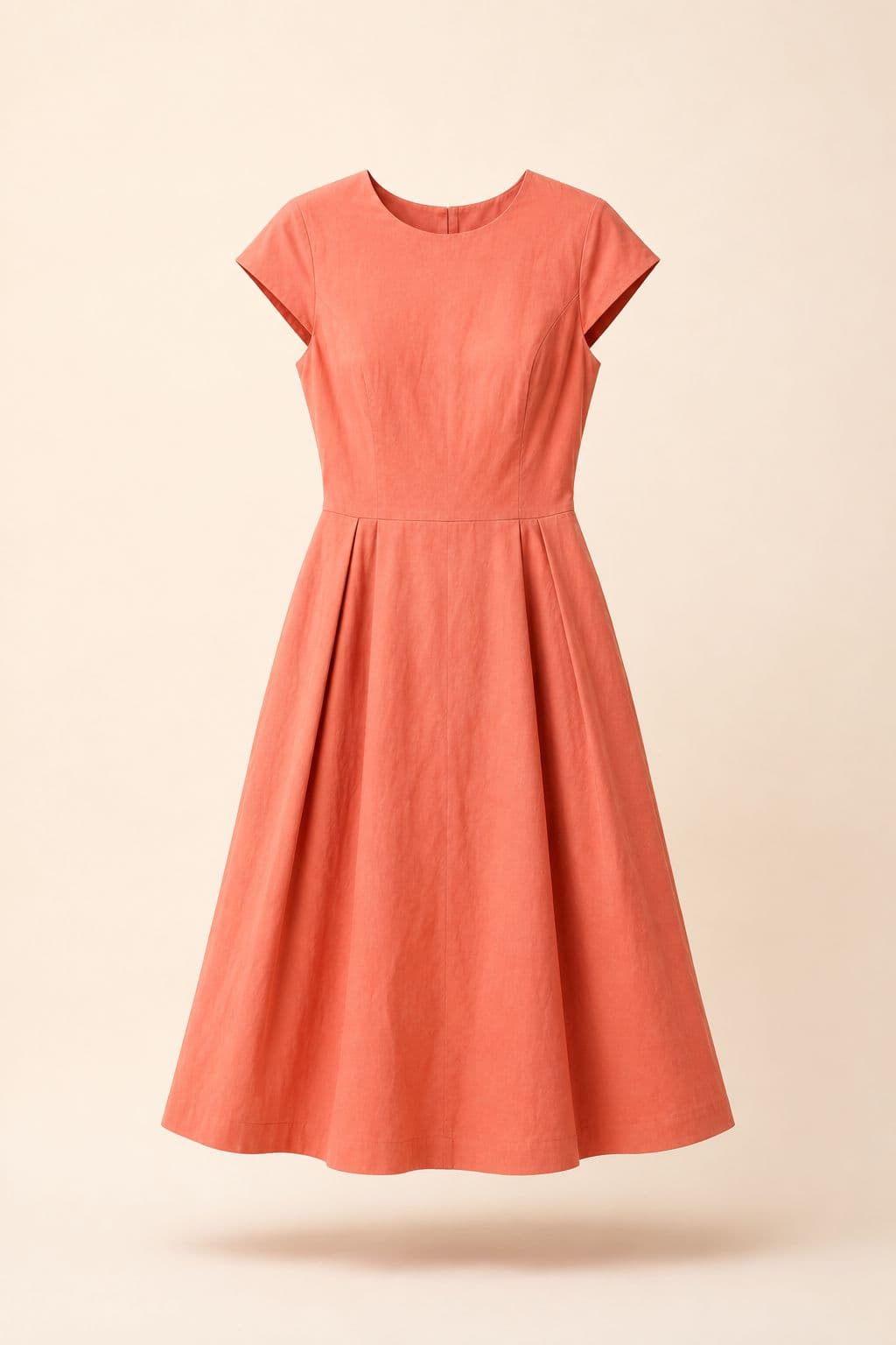 Cap-Sleeve Fit-and-Flare — A fitted bodice into a flared skirt in muted coral cotton sateen, fully lined.