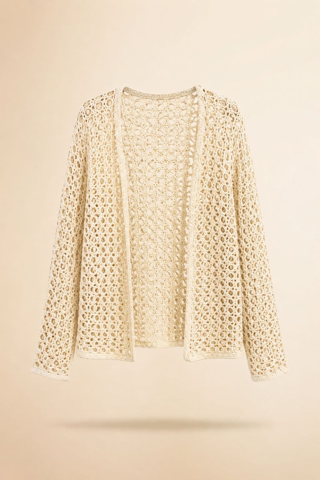 Crochet Cardigan Open — Open crochet with visible gaps in the stitch. Sheer by construction.