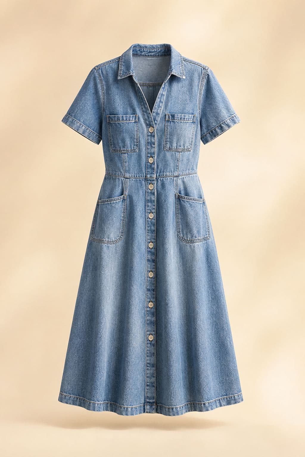 Denim Midi Dress — A 6.5 oz summer-weight denim, sun-washed, with real pockets.