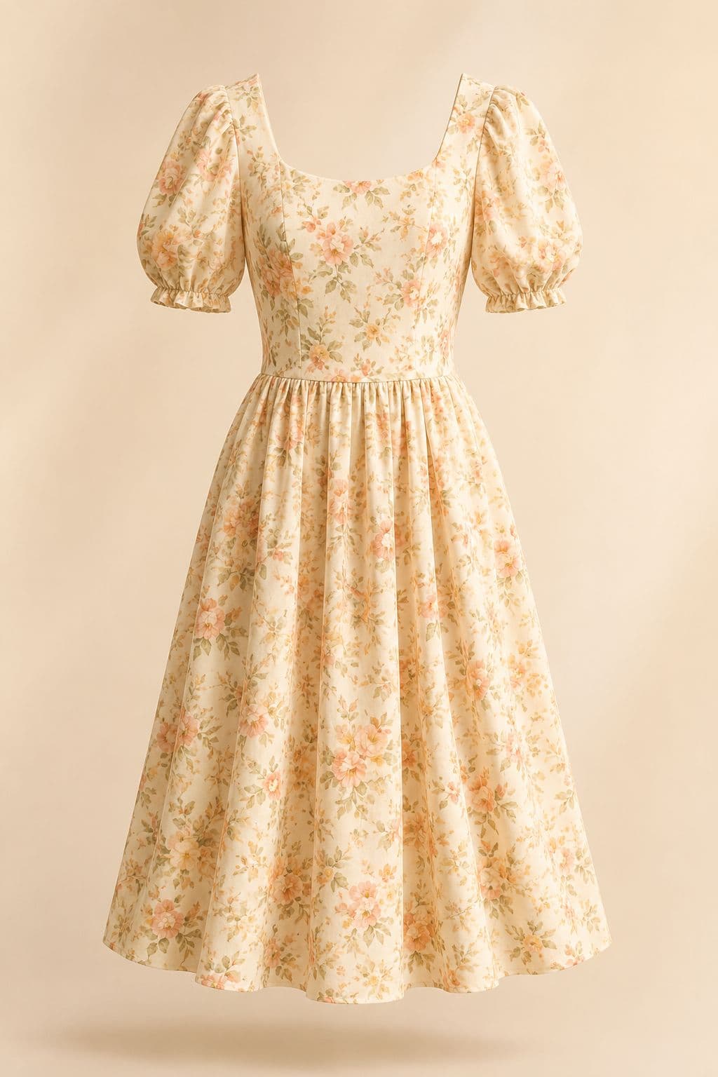 Floral Midi Puff-Sleeve — A fully lined watercolour floral in cotton voile, with a short gathered puff sleeve.