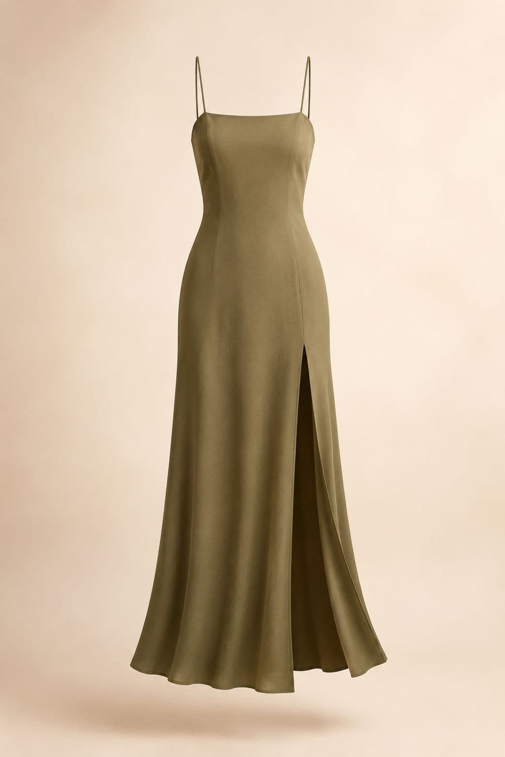 High-Slit Maxi — A front-left slit measured from the floor, not described in adjectives.