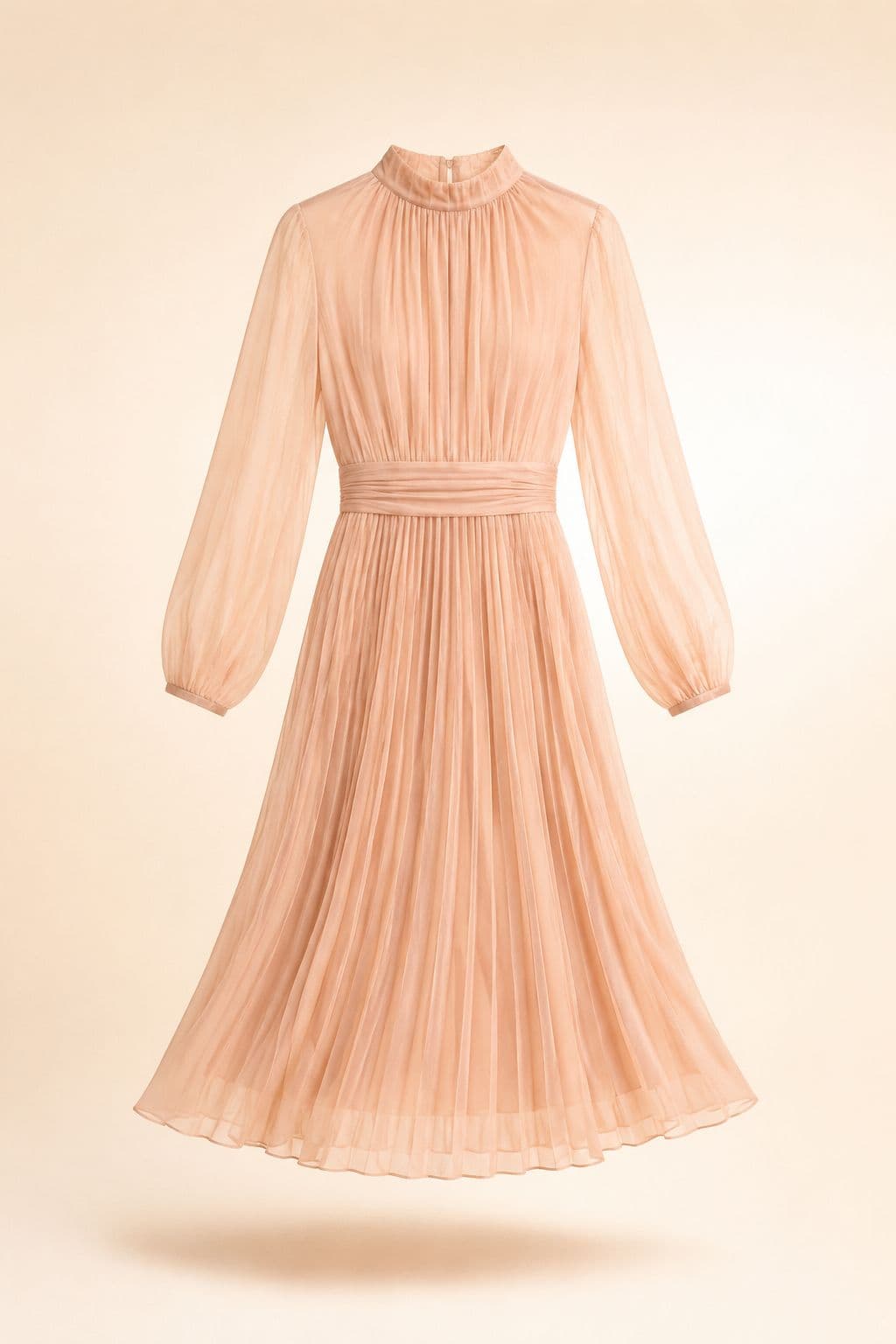 Pleated Chiffon Midi — Accordion-pleated chiffon over a full lining, with sleeves left deliberately sheer.