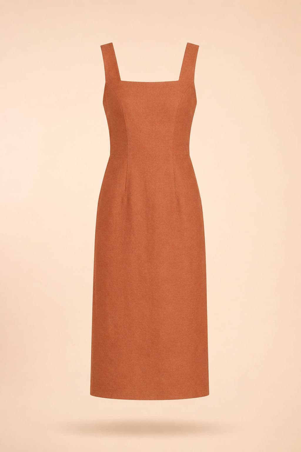 Square-Neck Midi — A clean square neckline over princess seams, in a mid-weight warm clay cotton twill.
