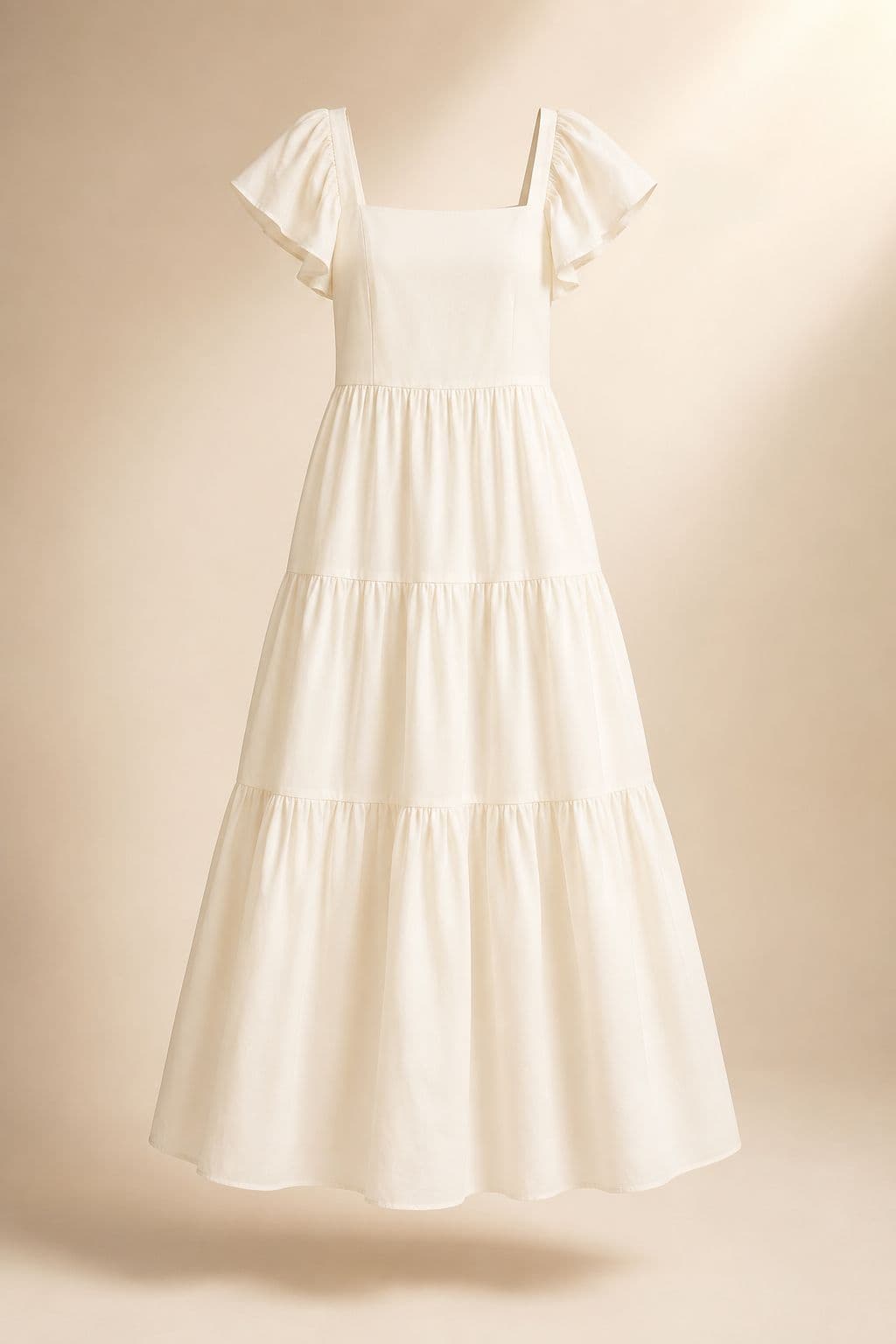 Tiered Cotton Maxi — Three gathered tiers in cotton poplin. The heaviest hem in the Beach line.