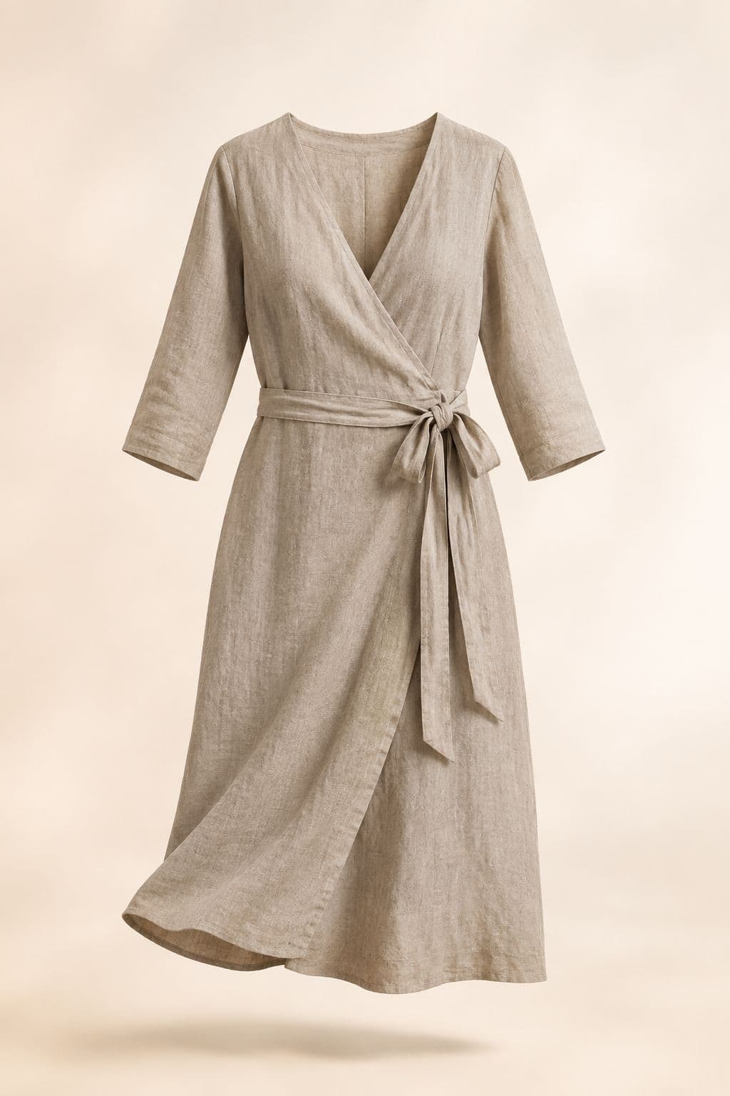 Wrap Dress Linen-Blend — A true wrap in 55/45 linen-viscose, with an interior tie and a snap at the crossover.