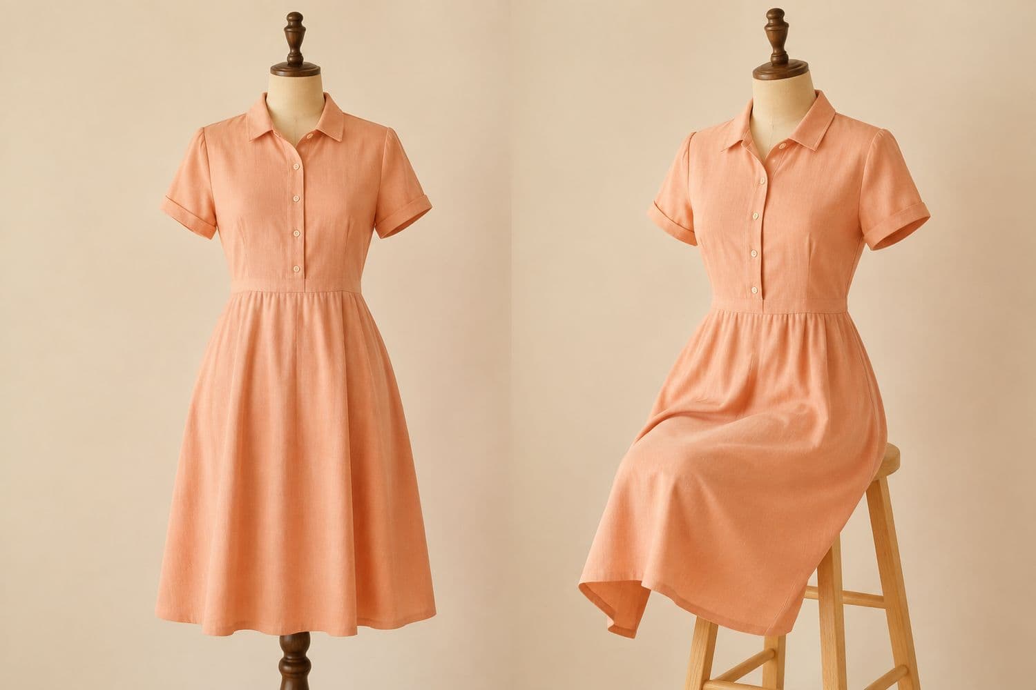 A-Line Tea Dress shown standing on the left and seated on the right, so the change in hem position is visible.