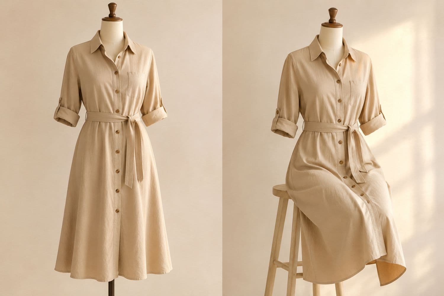 Belted Shirt Dress shown standing on the left and seated on the right, so the change in hem position is visible.