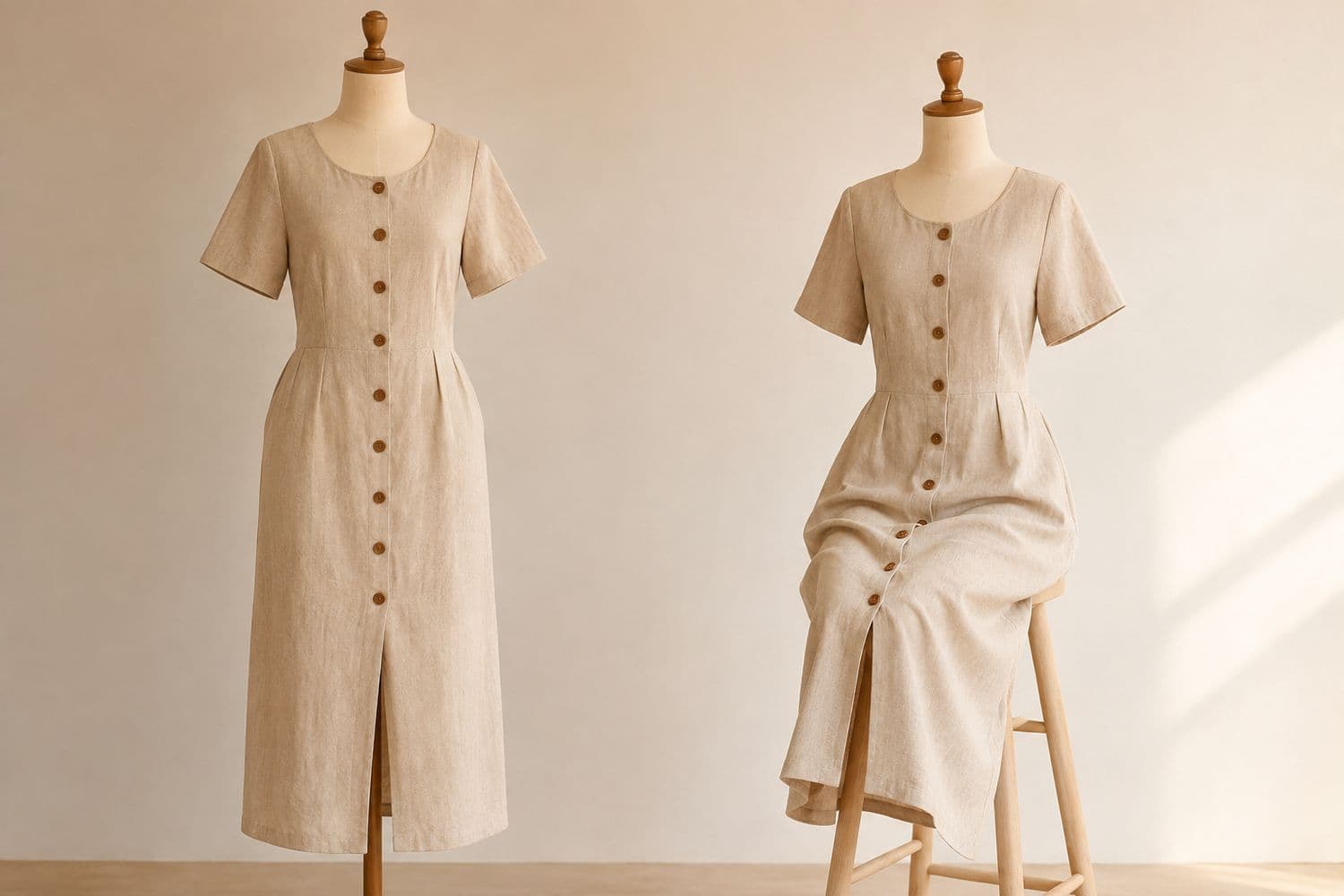Button-Front Midi shown standing on the left and seated on the right, so the change in hem position is visible.