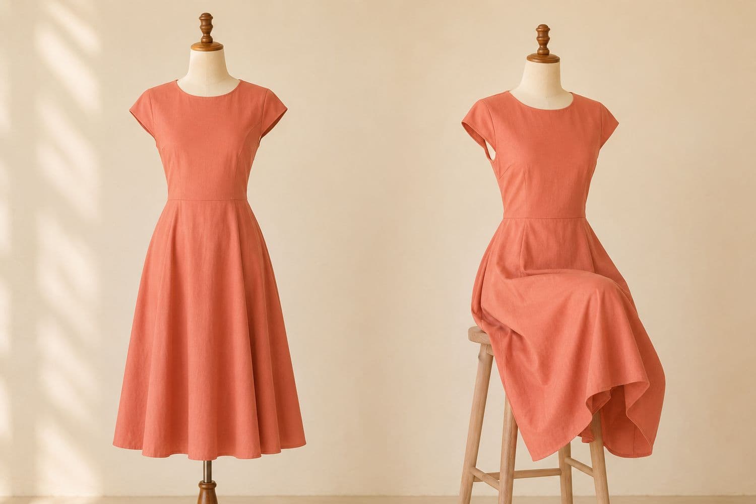 Cap-Sleeve Fit-and-Flare shown standing on the left and seated on the right, so the change in hem position is visible.