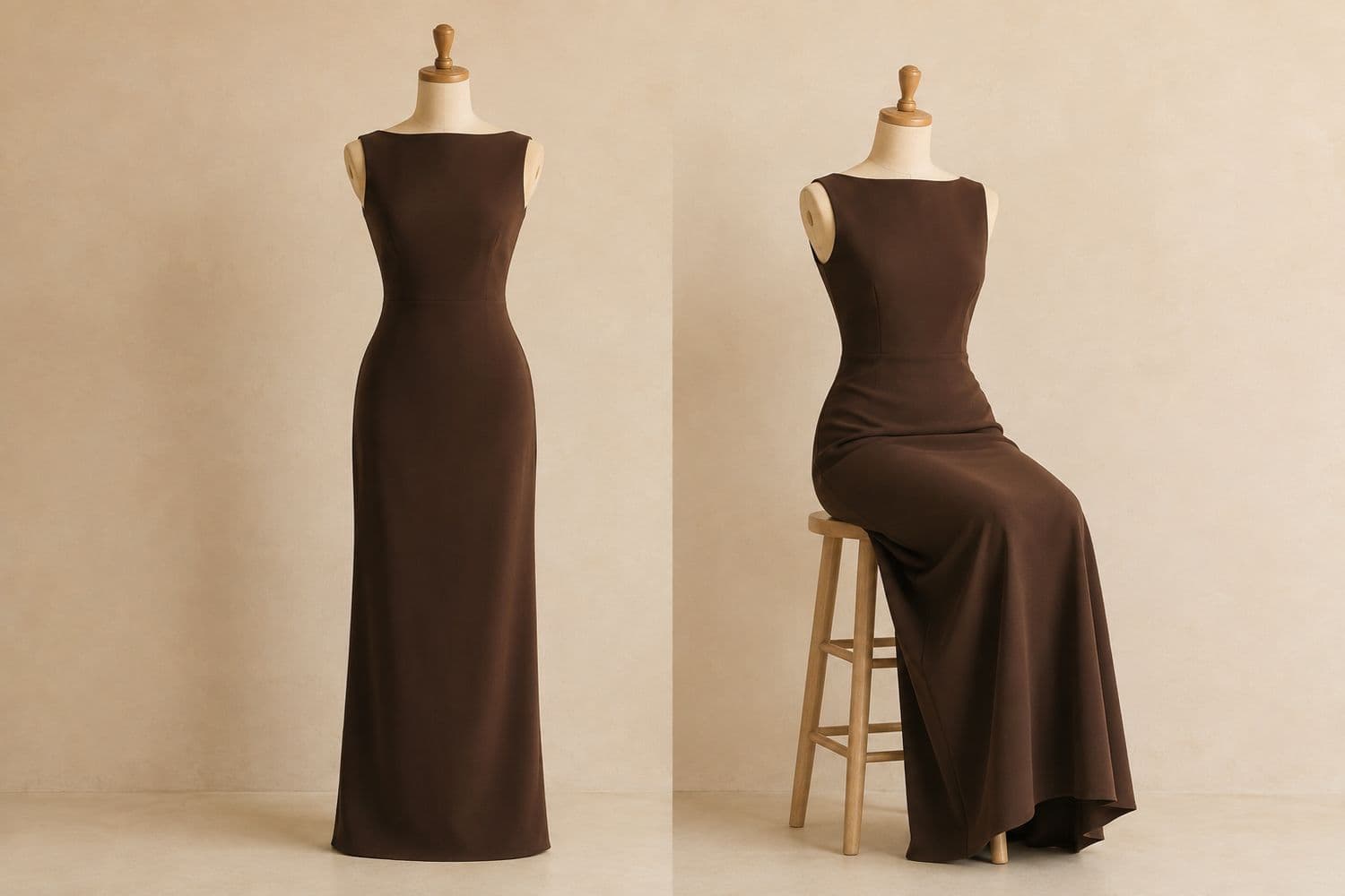 Column Gown Ankle shown standing on the left and seated on the right, so the change in hem position is visible.