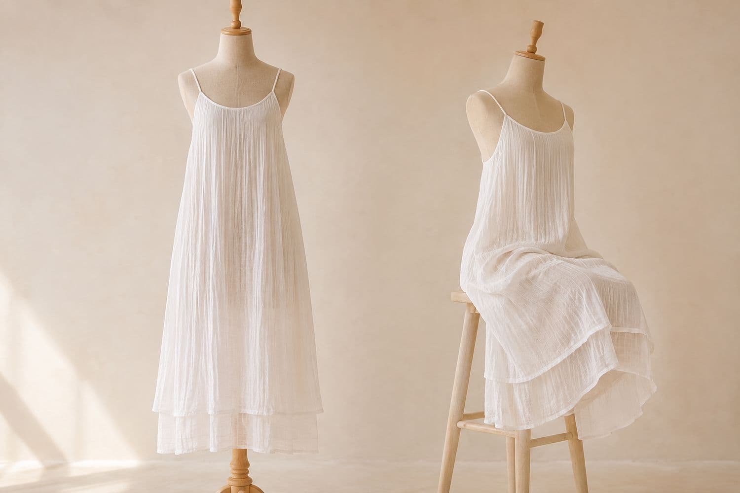 Cotton Gauze Midi shown standing on the left and seated on the right, so the change in hem position is visible.