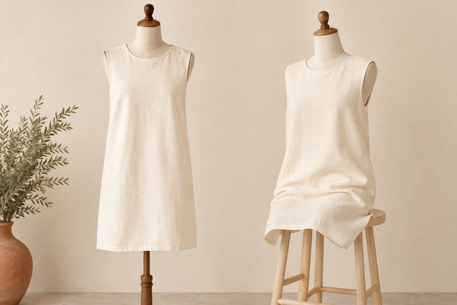 Cotton Shift Dress shown standing on the left and seated on the right, so the change in hem position is visible.