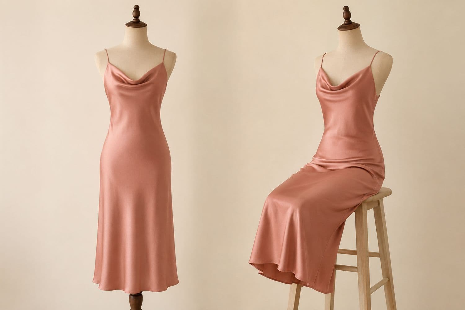 Cowl-Neck Slip shown standing on the left and seated on the right, so the change in hem position is visible.