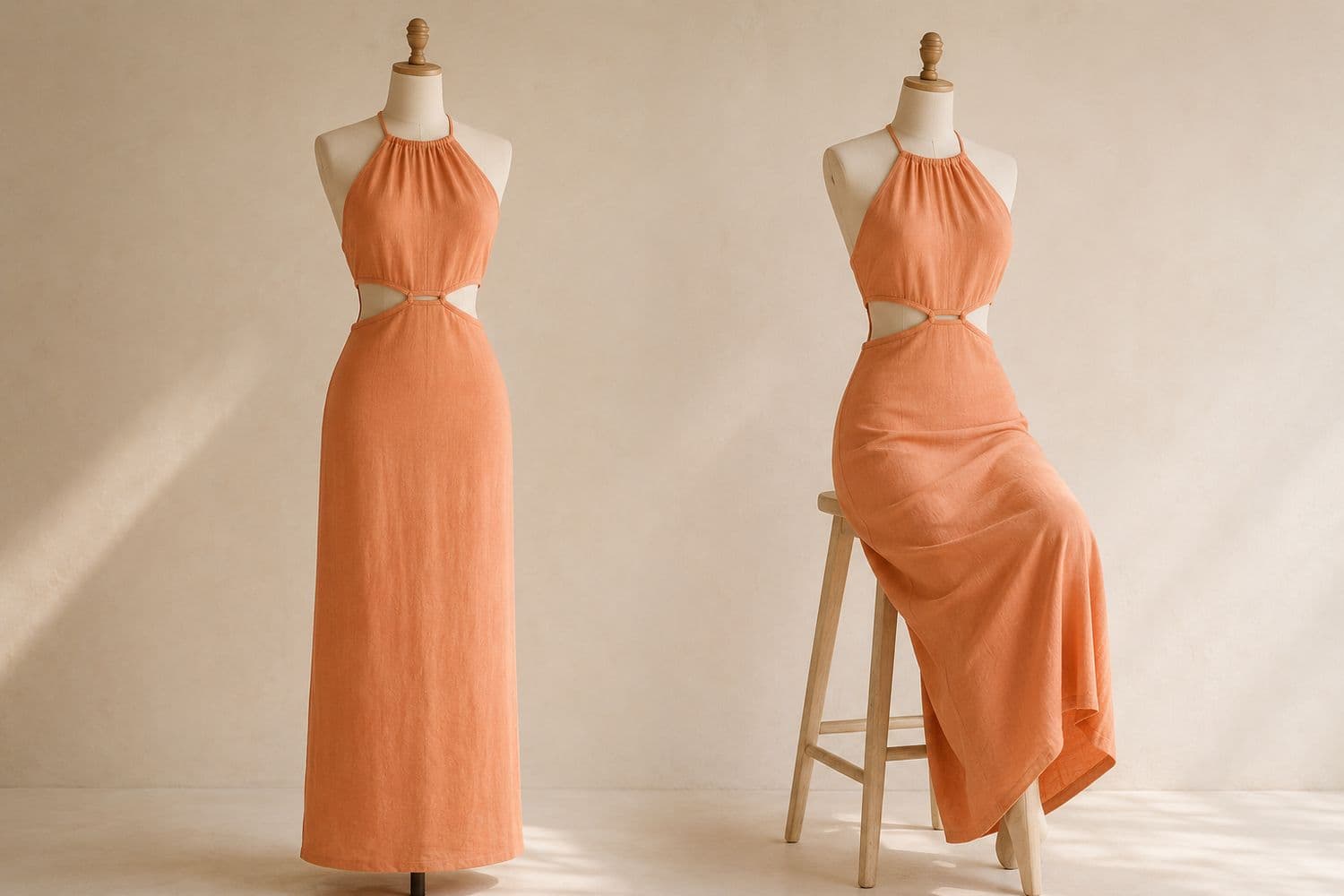 Cutout Waist Maxi shown standing on the left and seated on the right, so the change in hem position is visible.