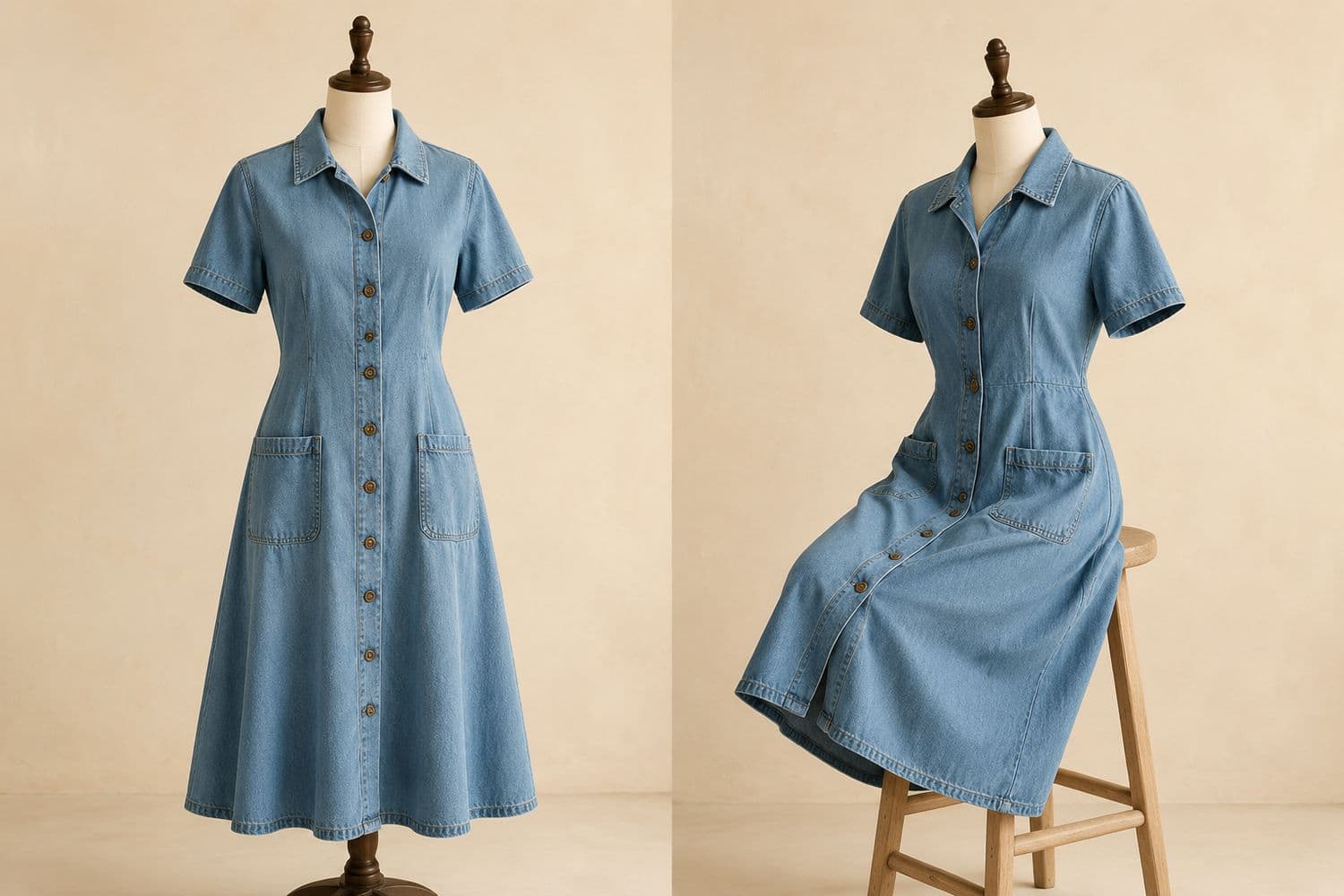 Denim Midi Dress shown standing on the left and seated on the right, so the change in hem position is visible.