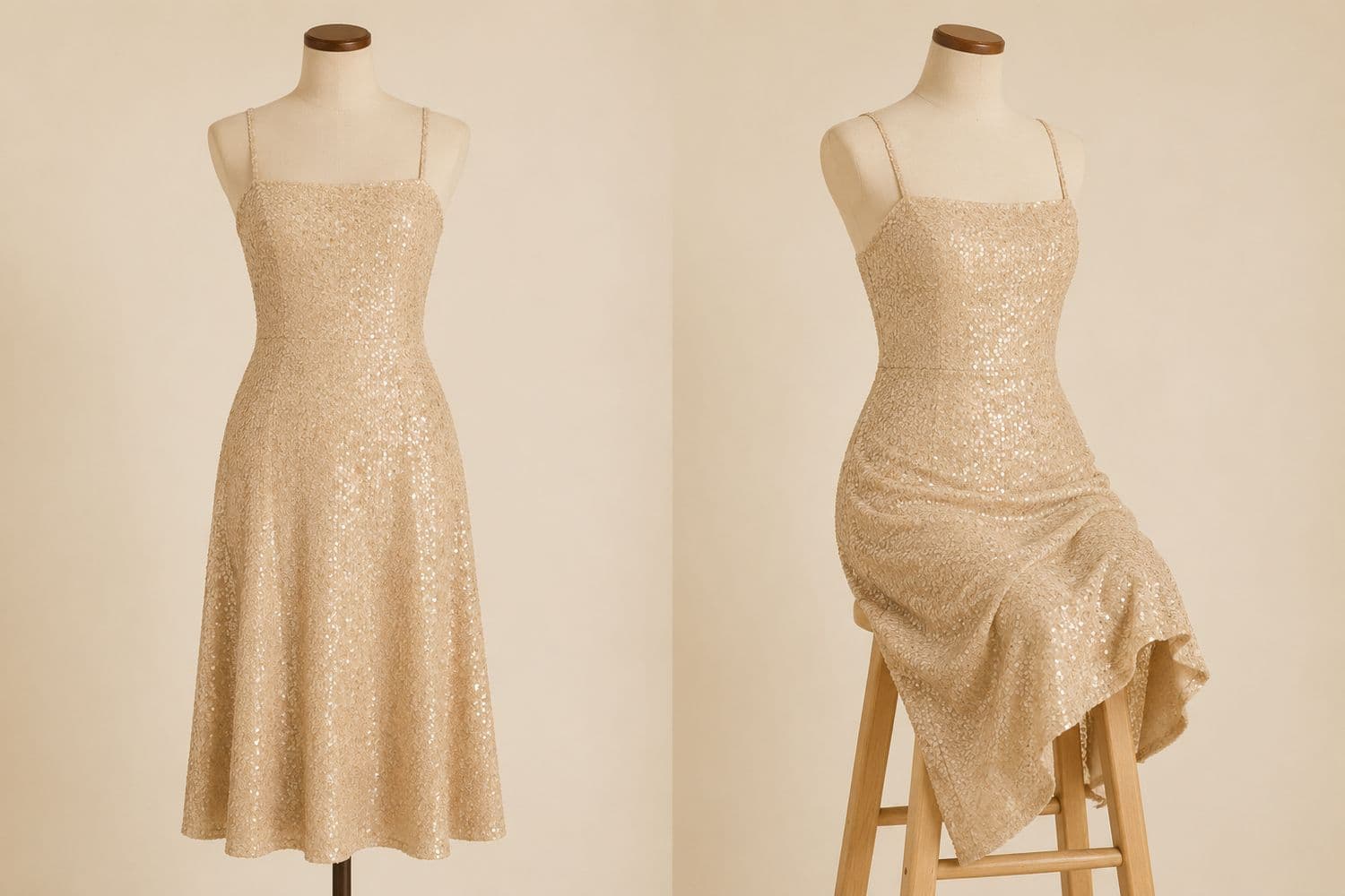 Embellished Midi shown standing on the left and seated on the right, so the change in hem position is visible.