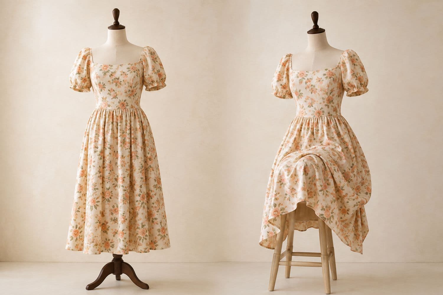 Floral Midi Puff-Sleeve shown standing on the left and seated on the right, so the change in hem position is visible.