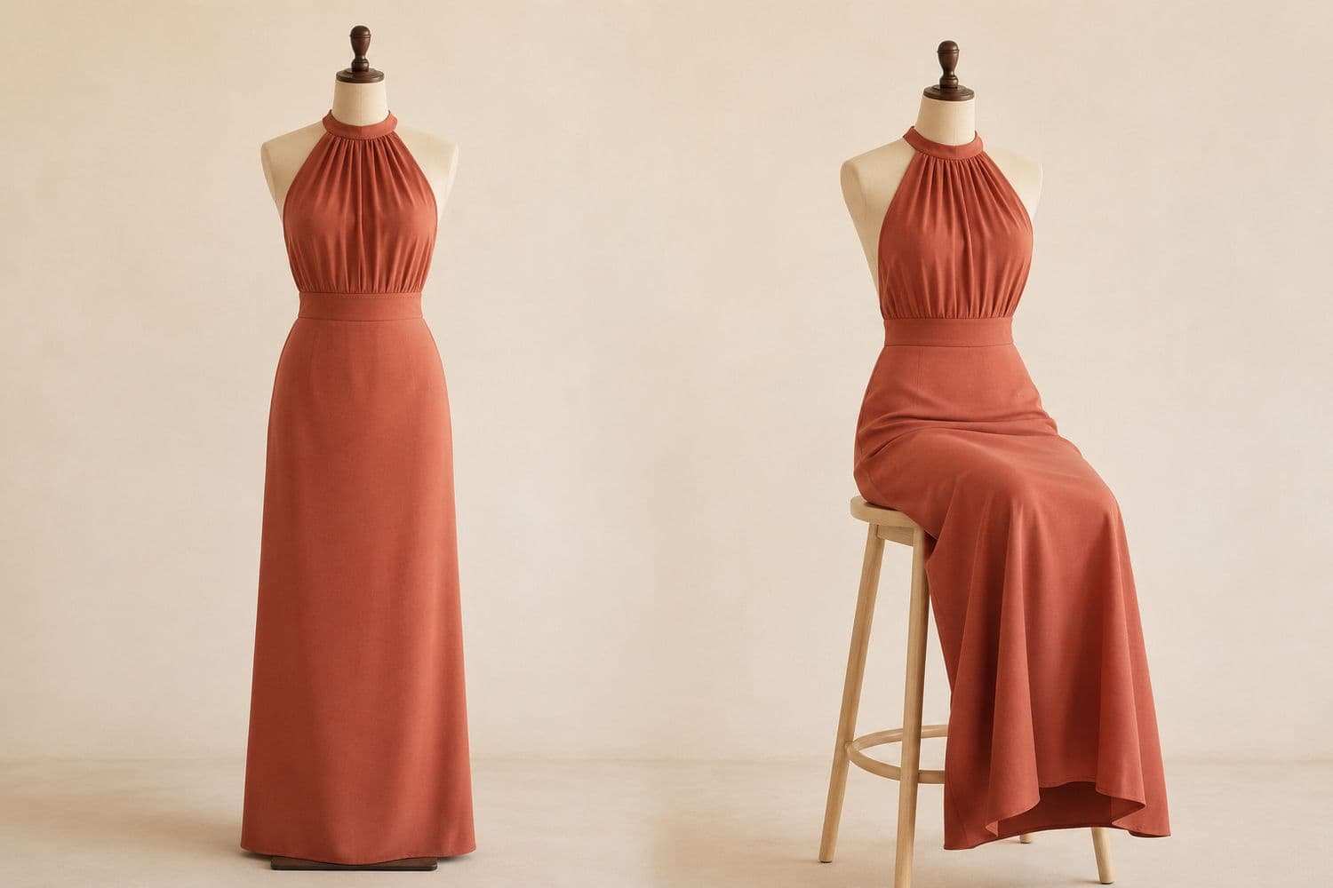 Halter Neck Maxi shown standing on the left and seated on the right, so the change in hem position is visible.