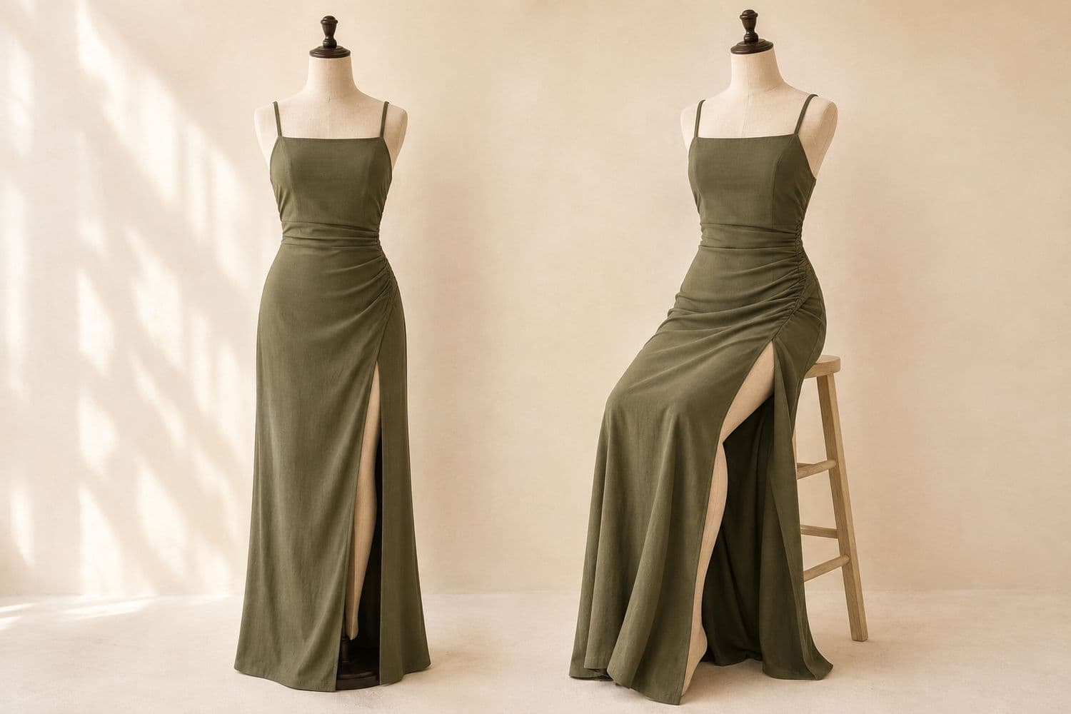 High-Slit Maxi shown standing on the left and seated on the right, so the change in hem position is visible.