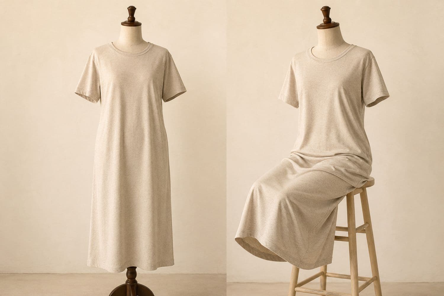 Jersey T-Shirt Dress shown standing on the left and seated on the right, so the change in hem position is visible.
