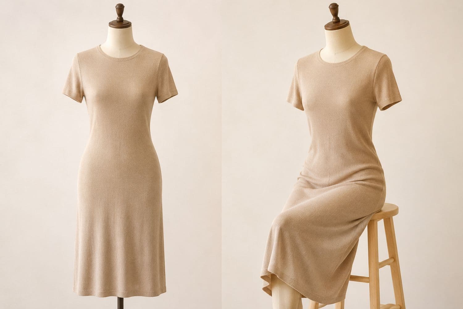 Knit Midi Everyday shown standing on the left and seated on the right, so the change in hem position is visible.