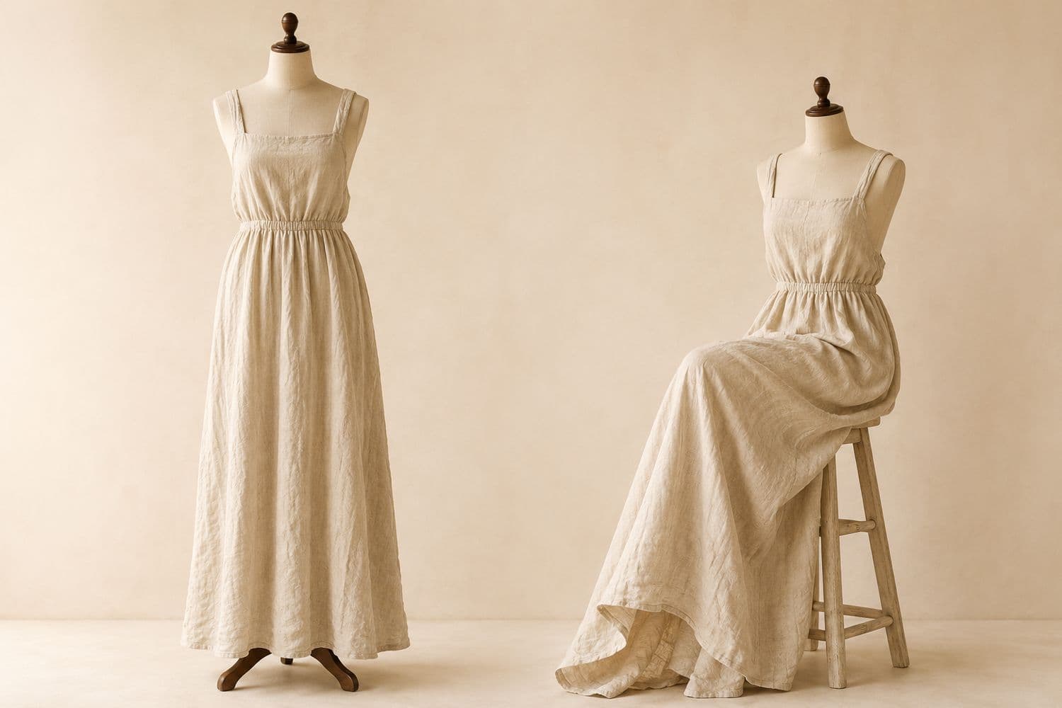 Linen Maxi Dress shown standing on the left and seated on the right, so the change in hem position is visible.