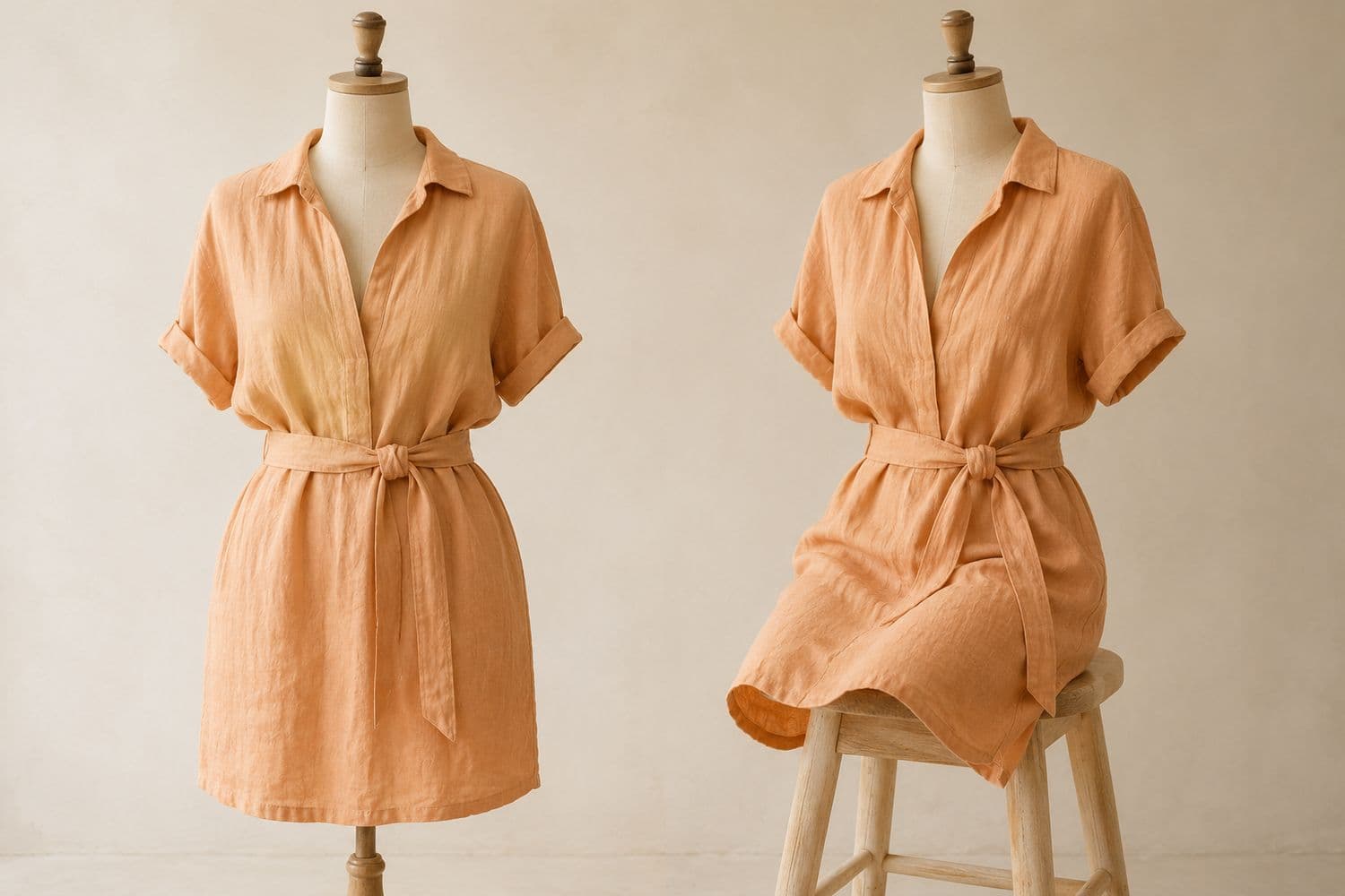 Linen Shirt Dress Short shown standing on the left and seated on the right, so the change in hem position is visible.