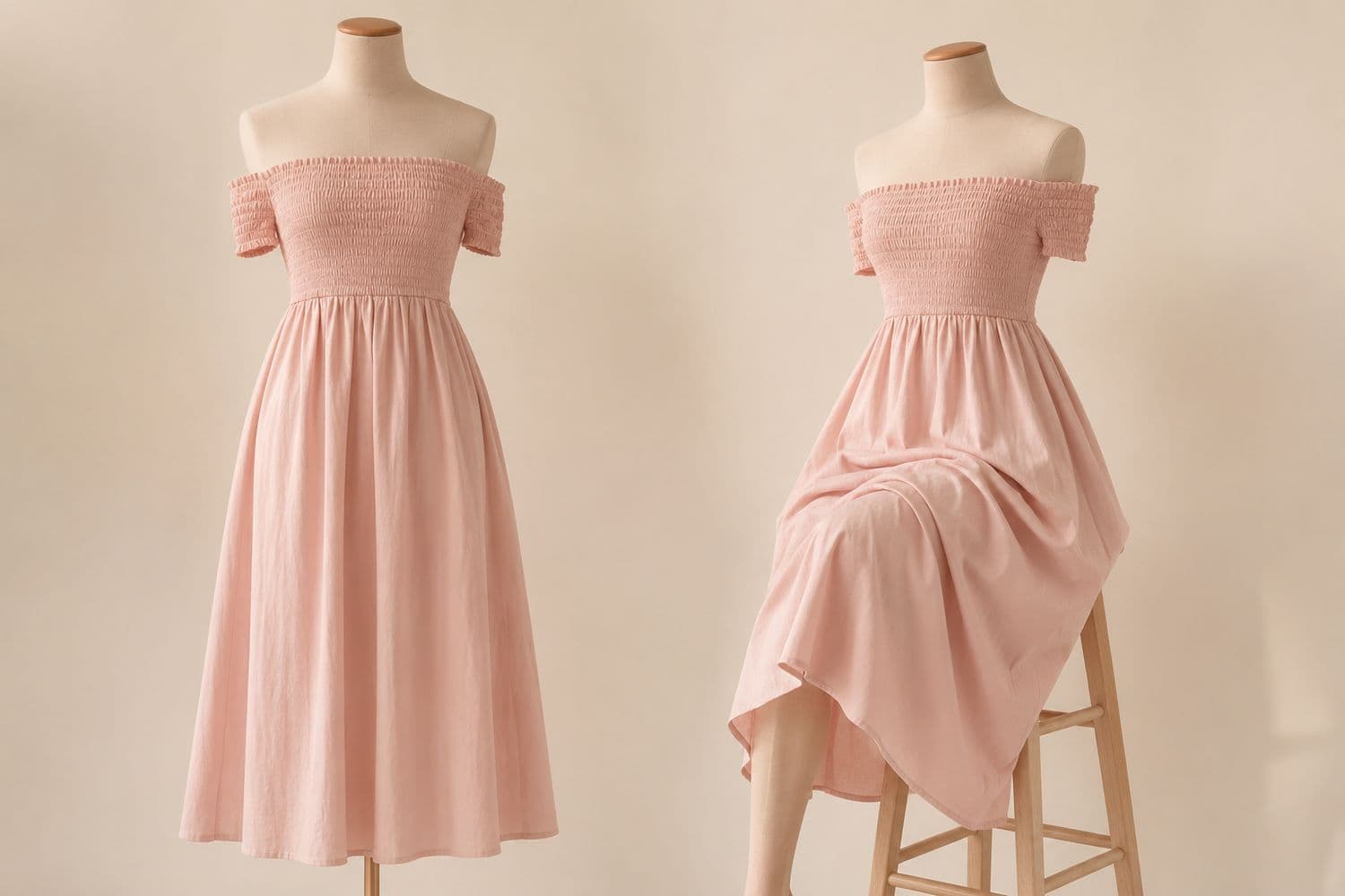 Off-Shoulder Midi shown standing on the left and seated on the right, so the change in hem position is visible.