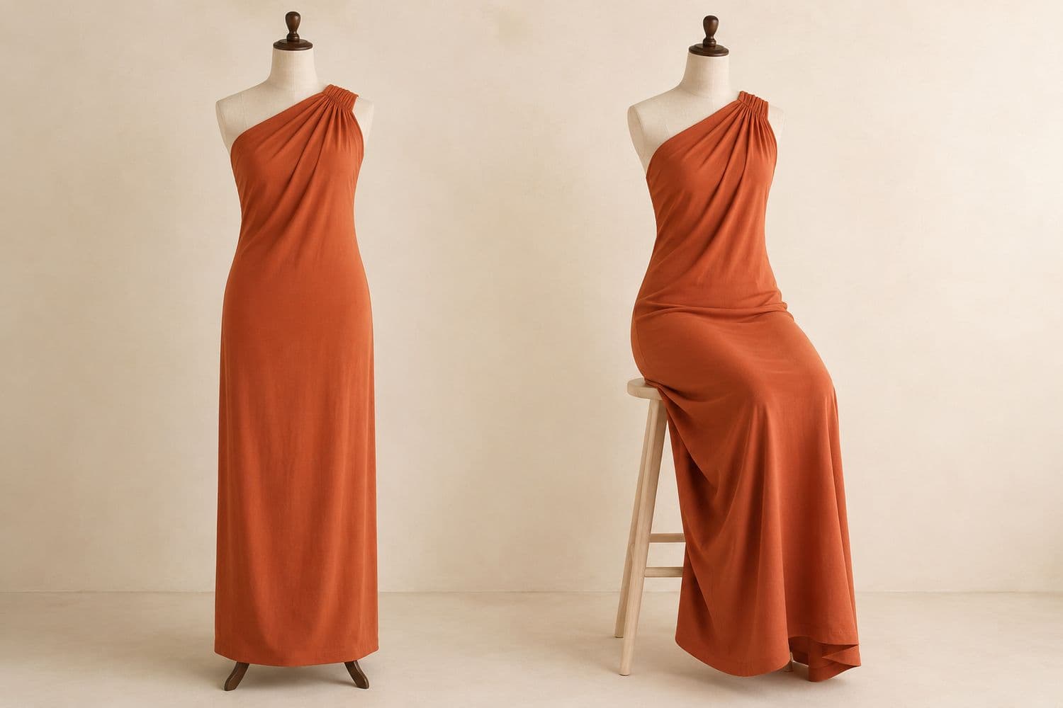 One-Shoulder Maxi shown standing on the left and seated on the right, so the change in hem position is visible.