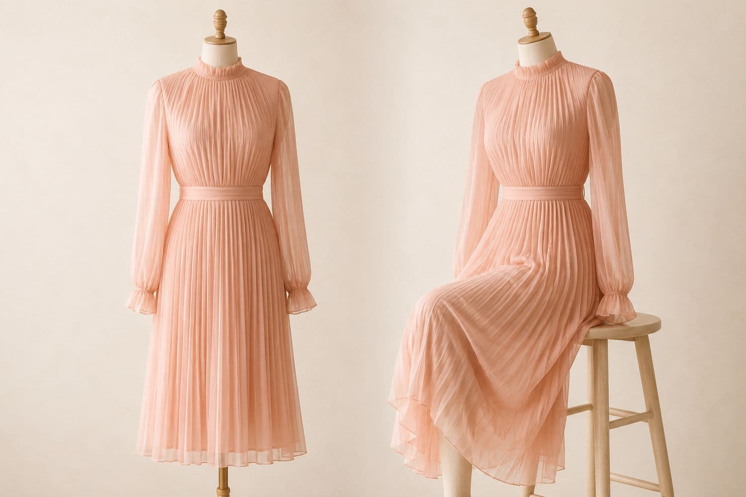 Pleated Chiffon Midi shown standing on the left and seated on the right, so the change in hem position is visible.