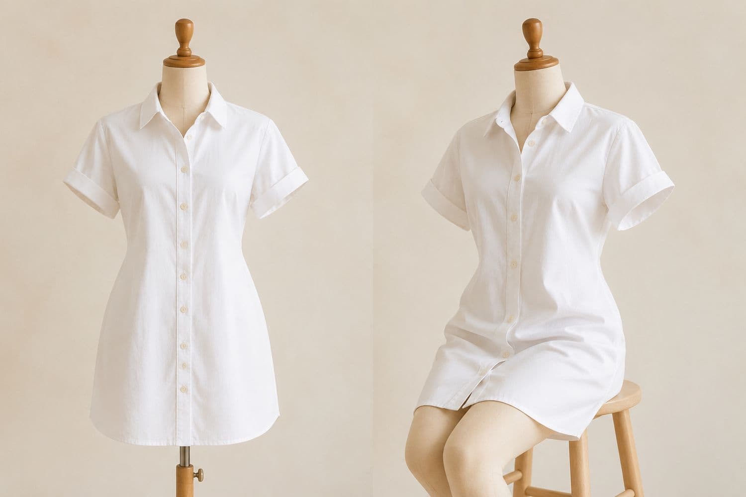 Poplin Shirt Dress Short shown standing on the left and seated on the right, so the change in hem position is visible.