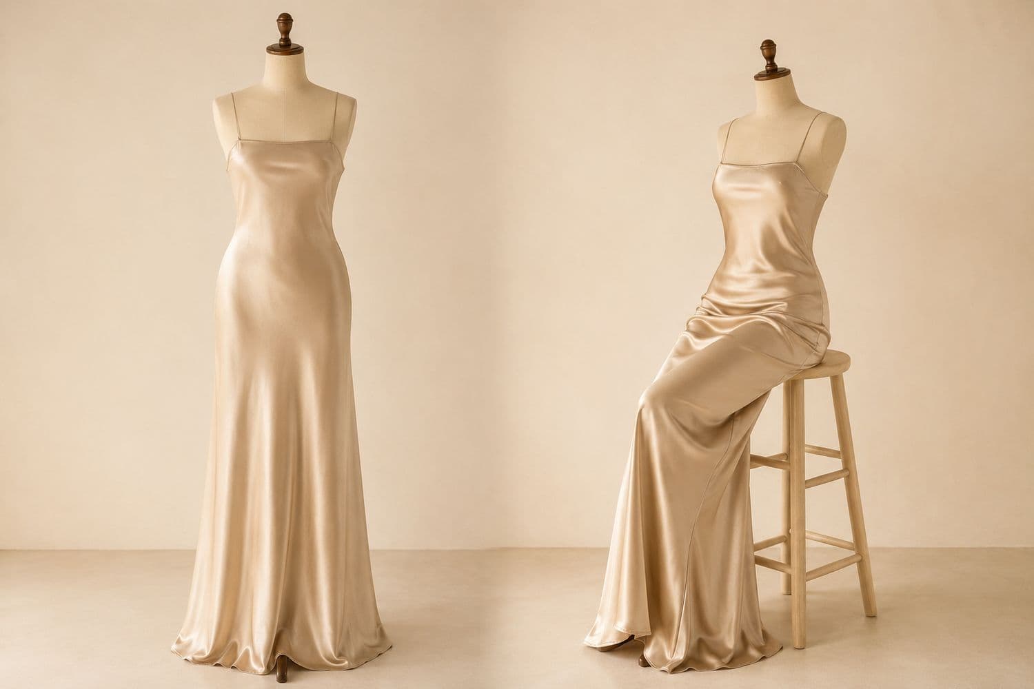 Satin Slip Maxi shown standing on the left and seated on the right, so the change in hem position is visible.