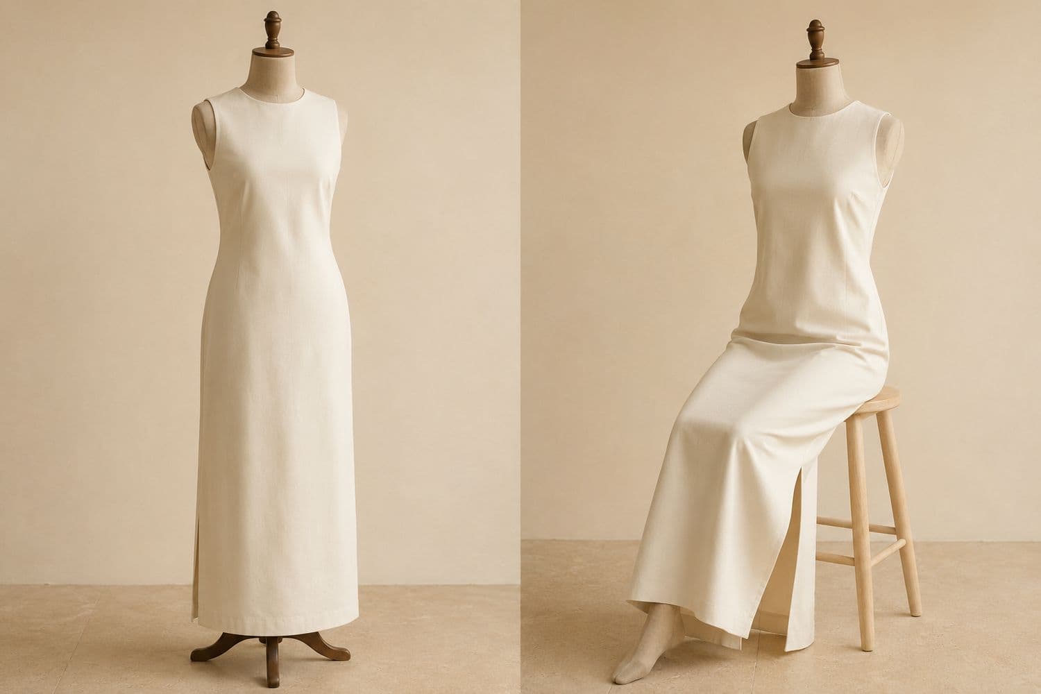 Sleeveless Column Maxi shown standing on the left and seated on the right, so the change in hem position is visible.