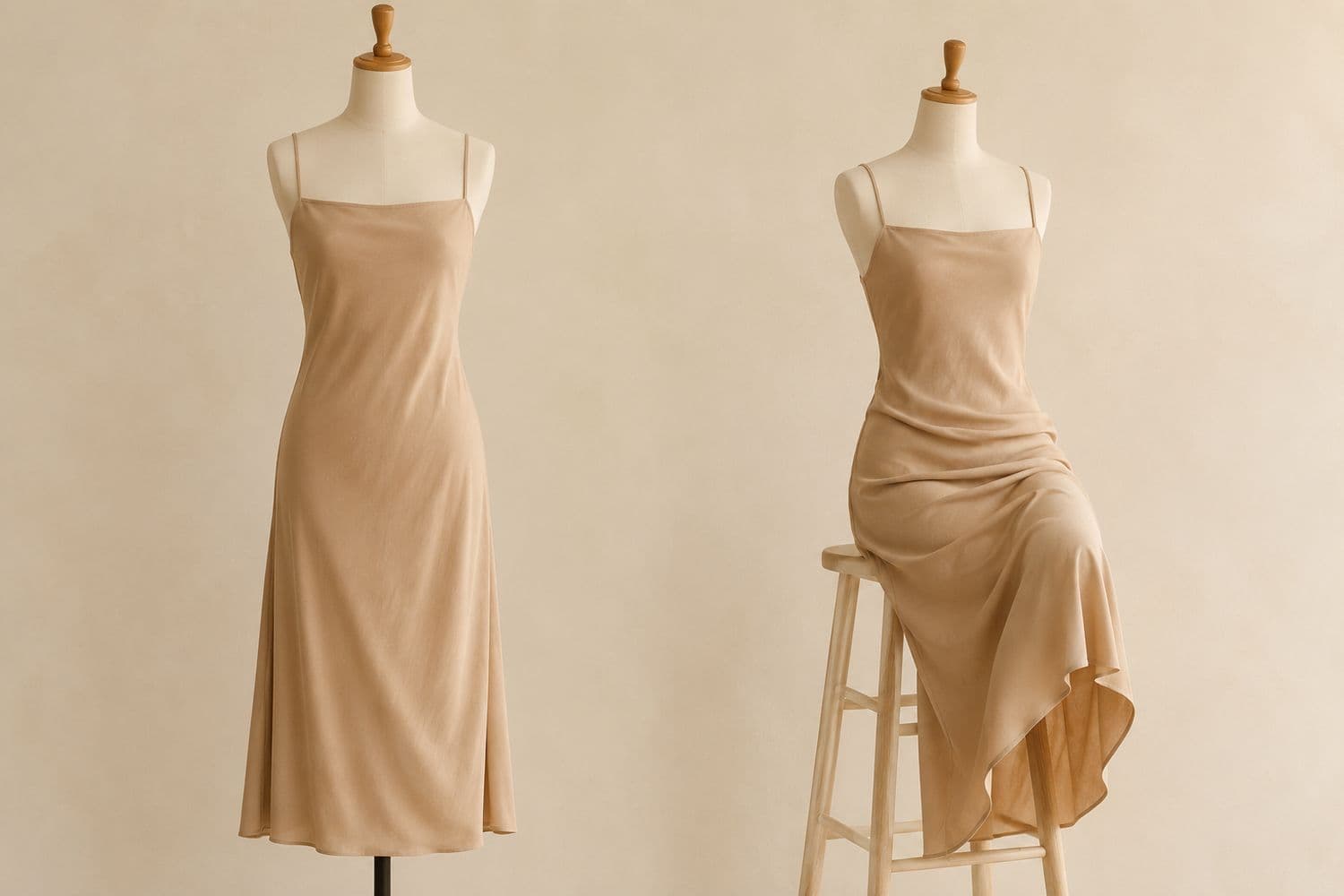 Slip Dress Bias-Cut shown standing on the left and seated on the right, so the change in hem position is visible.