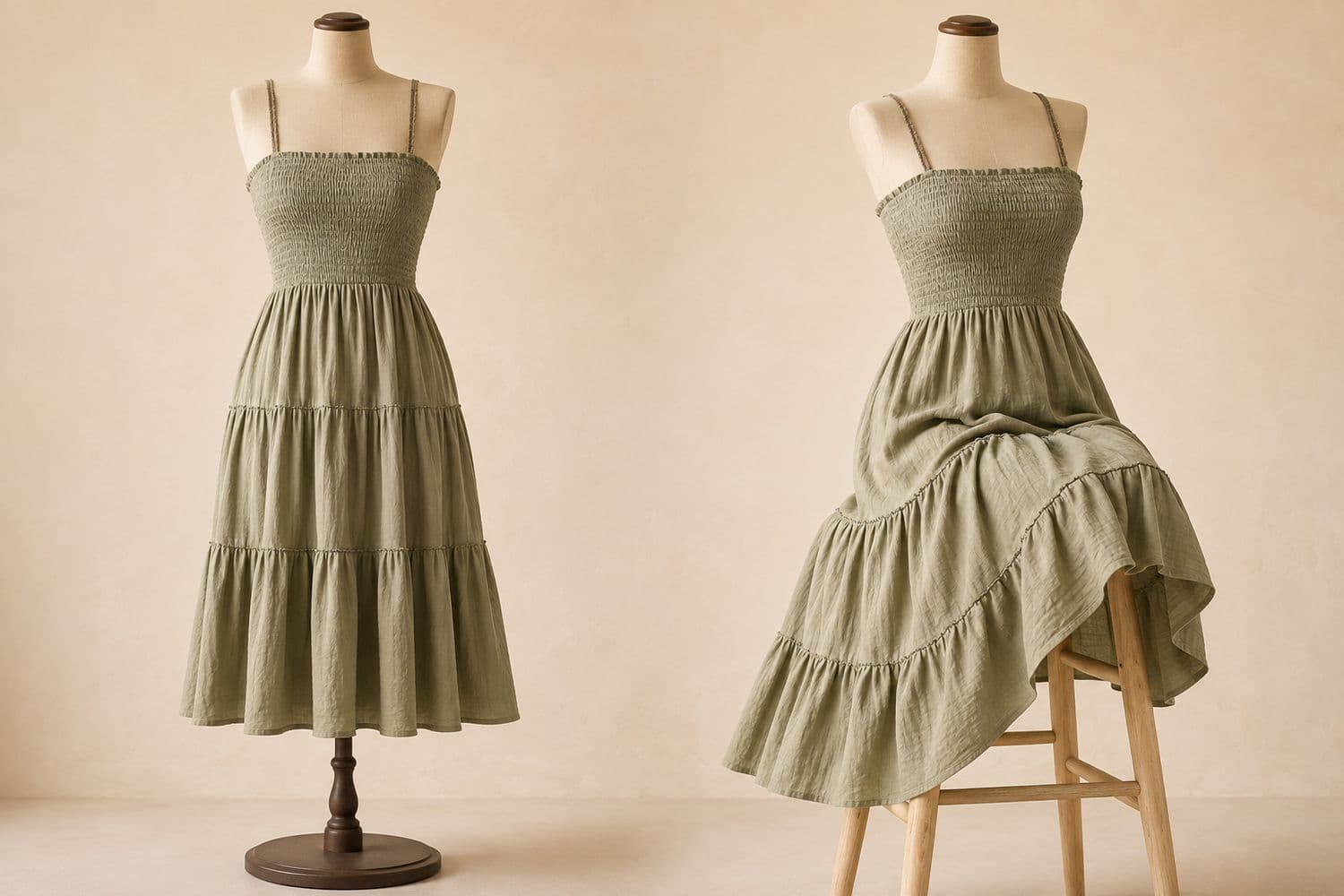 Smocked Bodice Midi shown standing on the left and seated on the right, so the change in hem position is visible.