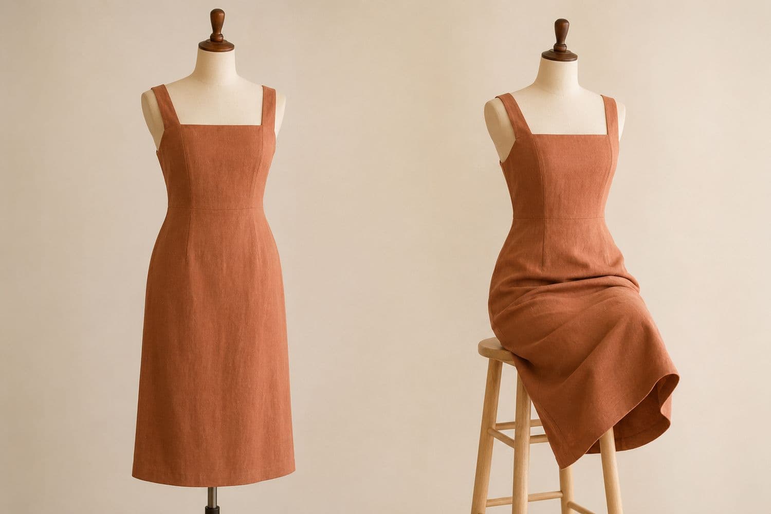 Square-Neck Midi shown standing on the left and seated on the right, so the change in hem position is visible.