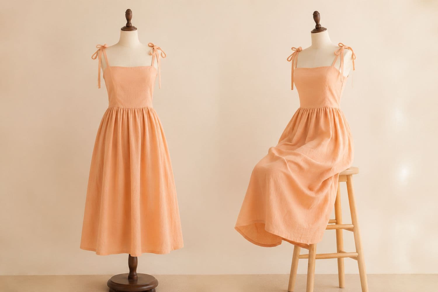 Sundress Adjustable Strap shown standing on the left and seated on the right, so the change in hem position is visible.