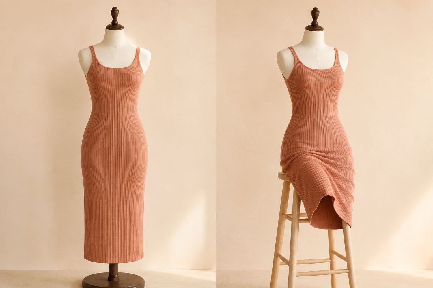 Tank Midi Ribbed shown standing on the left and seated on the right, so the change in hem position is visible.