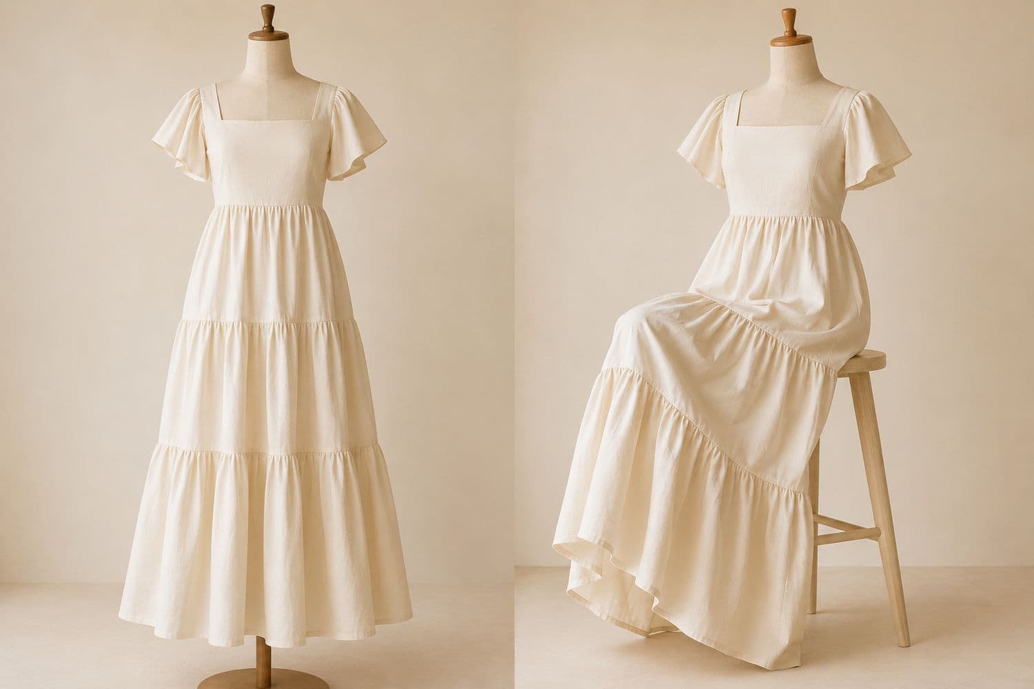 Tiered Cotton Maxi shown standing on the left and seated on the right, so the change in hem position is visible.