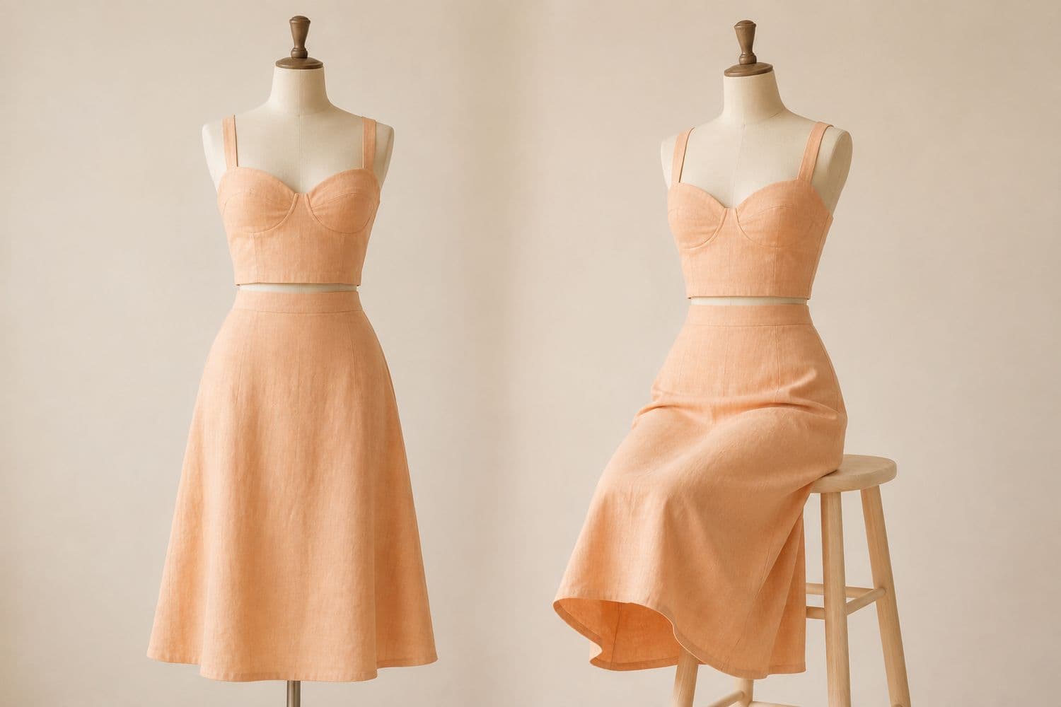 Two-Piece Set Midi shown standing on the left and seated on the right, so the change in hem position is visible.