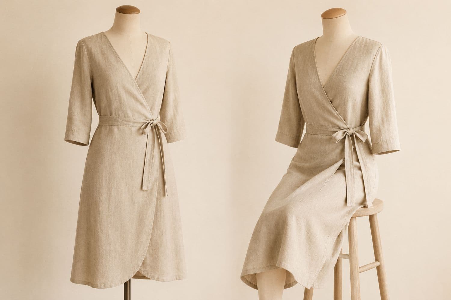 Wrap Dress Linen-Blend shown standing on the left and seated on the right, so the change in hem position is visible.